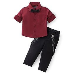 Babyhug Woven Full Sleeves Party Wear Shirt & Trousers Set with  Bow & Suspender - Maroon & Black