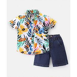 Babyhug Cotton Woven Half Sleeves Shirt & Denim Shorts Set With Tropical Print - Multicolor