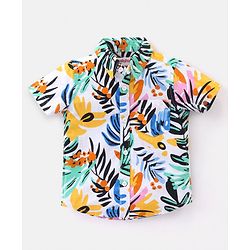 Babyhug Cotton Woven Half Sleeves Shirt & Denim Shorts Set With Tropical Print - Multicolor