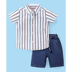 Babyhug Cotton Woven Half Sleeves Striped Shirt & Denim Shorts Set - White & Blue