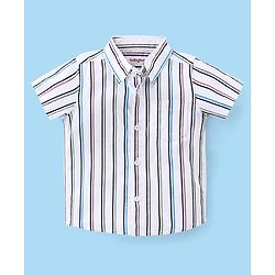 Babyhug Cotton Woven Half Sleeves Striped Shirt & Denim Shorts Set - White & Blue