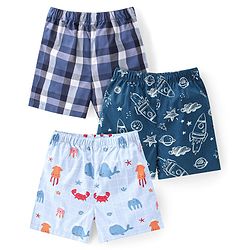 Babyhug Poplin Woven  Boxers Checkered & Space Theme Print Pack of 3 - Multicolour