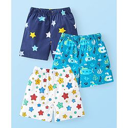 Babyhug Poplin Woven Boxer Stars & Submarine Print Pack of 3 - Blue & White