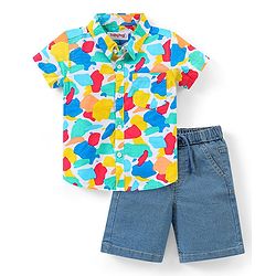 Babyhug Cotton Woven Half Sleeves Abstract Printed Shirt & Denim Shorts Set - Green & Blue