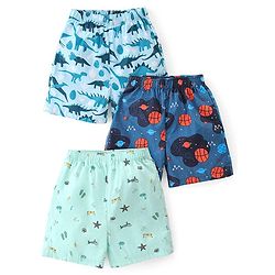 Babyhug Poplin Woven Boxers With Dino & Space Theme Print Pack Of 3 - Blue & Green