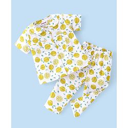 Babyhug Woven Half Sleeves Night Suit With Lemon Print - White & Yellow
