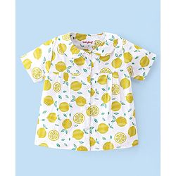 Babyhug Woven Half Sleeves Night Suit With Lemon Print - White & Yellow