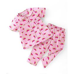 Babyhug Poplin Woven Half Sleeves Night Suit Polka Dot & Watermelon Print - Pink