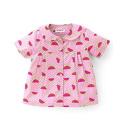Babyhug Poplin Woven Half Sleeves Night Suit Polka Dot & Watermelon Print - Pink