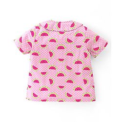 Babyhug Poplin Woven Half Sleeves Night Suit Polka Dot & Watermelon Print - Pink