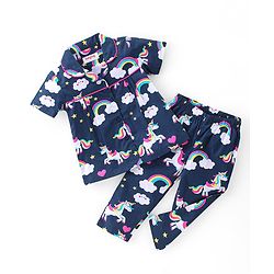 Babyhug Cotton Knit Single Jersey Half Sleeves Night Suit With Unicorn Print - Navy Blue