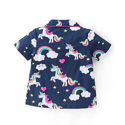 Babyhug Cotton Knit Single Jersey Half Sleeves Night Suit With Unicorn Print - Navy Blue