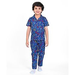 Babyhug Poplin Woven Half Sleeves Night Suit With Alphabet Print - Blue