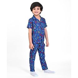 Babyhug Poplin Woven Half Sleeves Night Suit With Alphabet Print - Blue