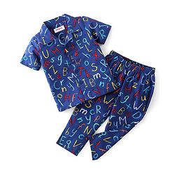 Babyhug Poplin Woven Half Sleeves Night Suit With Alphabet Print - Blue