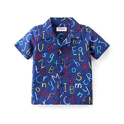 Babyhug Poplin Woven Half Sleeves Night Suit With Alphabet Print - Blue