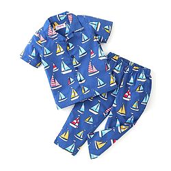 Babyhug Poplin Woven Half Sleeves Night Suit with Boat Print - Blue