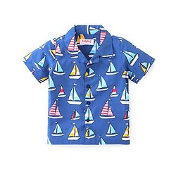 Babyhug Poplin Woven Half Sleeves Night Suit with Boat Print - Blue