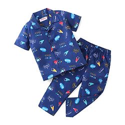 Babyhug Poplin Woven Half Sleeves Night Suit Text Bubbles Print - Navy