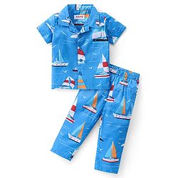 Babyhug Woven Half Sleeves Night Suit Boat Print - Blue