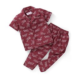 Babyhug Poplin Woven Half Sleeves Night Suit Airplane Print - Maroon
