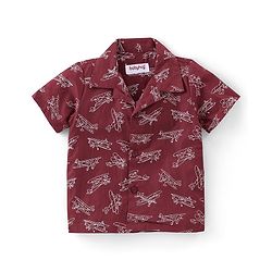 Babyhug Poplin Woven Half Sleeves Night Suit Airplane Print - Maroon