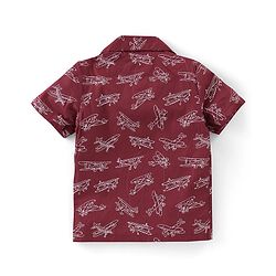 Babyhug Poplin Woven Half Sleeves Night Suit Airplane Print - Maroon