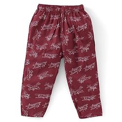 Babyhug Poplin Woven Half Sleeves Night Suit Airplane Print - Maroon