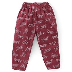 Babyhug Poplin Woven Half Sleeves Night Suit Airplane Print - Maroon