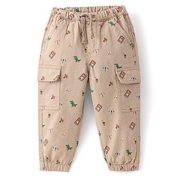 Babyhug Cotton Lycra Woven Full Length Trousers With Stretch Beach Theme Print-Khaki