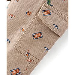 Babyhug Cotton Lycra Woven Full Length Trousers With Stretch Beach Theme Print-Khaki