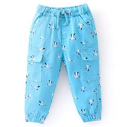 Babyhug Cotton Lycra With Stretch Woven Full Length Trousers With Bird Print - Blue