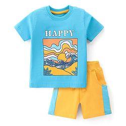 Babyhug Single Jersey Knit Half Sleeves T-Shirt with Shorts Set Beach Theme - Blue & Yellow