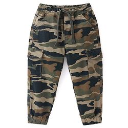 Babyhug Cotton Lycra Woven Full Length Camouflage Printed Stretchable Jogger - Olive Green