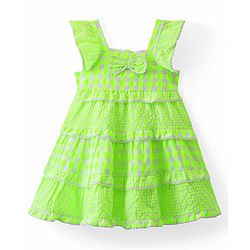 Babyhug Seer Sucker Woven Cap Sleeves Checkered Frock with Bow Applique - Green