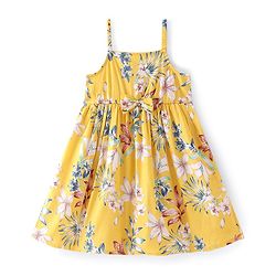 Babyhug Rayon Sleeveless Floral Printed A-Line Frock with Bow - Yellow