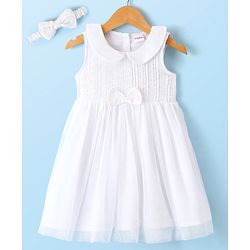Babyhug Cambric Woven Sleeveless Frock with Headband & Lace Detailing Bow Applique - White