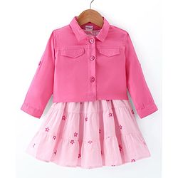 Babyhug 100% Cotton Cambric Frock With Full Sleeves Jacket Floral Print - Pink