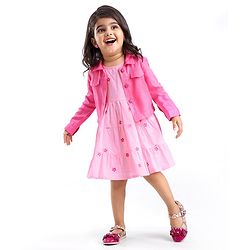 Babyhug 100% Cotton Cambric Frock With Full Sleeves Jacket Floral Print - Pink