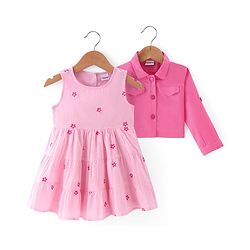 Babyhug 100% Cotton Cambric Frock With Full Sleeves Jacket Floral Print - Pink
