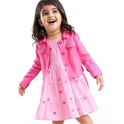 Babyhug 100% Cotton Cambric Frock With Full Sleeves Jacket Floral Print - Pink