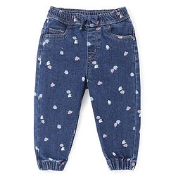 Babyhug Full Length Stretchable Denim Jogger Strawberry Print - Blue