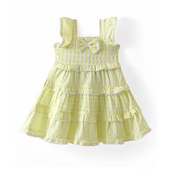 Babyhug Seer Sucker Woven Checked Tiered Sleeveless Frock Bow Applique - Yellow