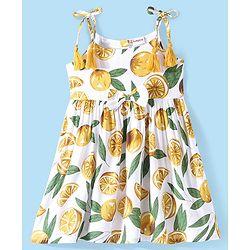 Babyhug Rayon Woven Singlet Sleeves Frock With Lemon Print - White & Yellow