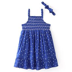 Babyhug Rayon Sleeveless Singlet Frock with Headband Polka Dot Print - Blue