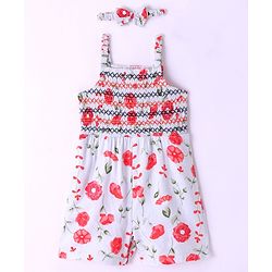 Babyhug Rayon Sleeveless Jumpsuit with Smocking Detailing Floral Print - Multicolour