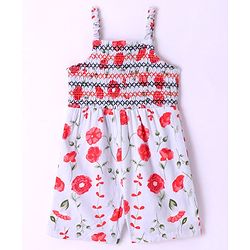 Babyhug Rayon Sleeveless Jumpsuit with Smocking Detailing Floral Print - Multicolour