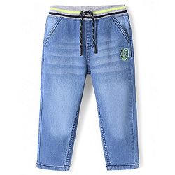 Babyhug Denim Full Length With Stretch Joggers Number Embroidery - Blue