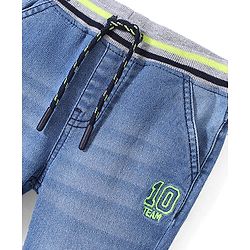 Babyhug Denim Full Length With Stretch Joggers Number Embroidery - Blue