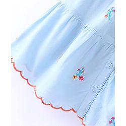 Babyhug Woven Singlet Sleeves Floral  Embroidered Tiered Frock - Blue